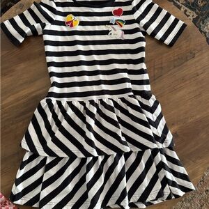Hanna Andersson Black and White Striped Dress w/colorful patches - Girls Sz 10